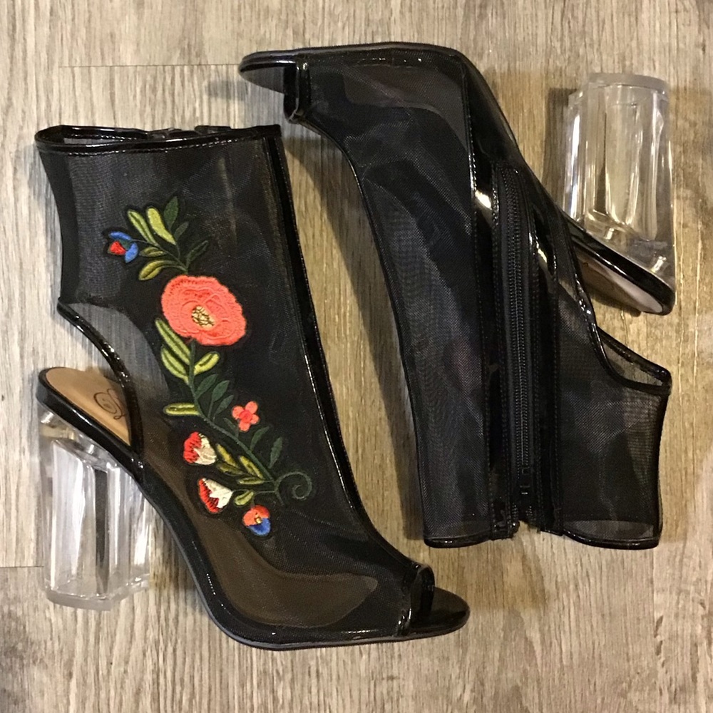 Black flower lace heels